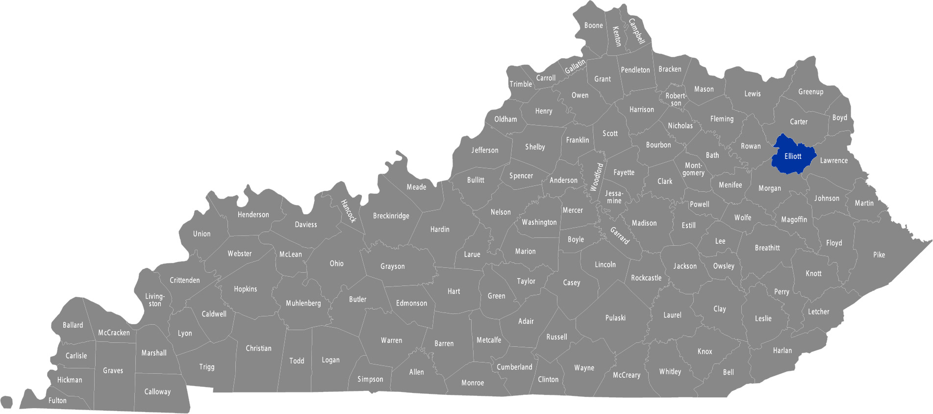 State of Kentucky map with Elliott County highlighted 